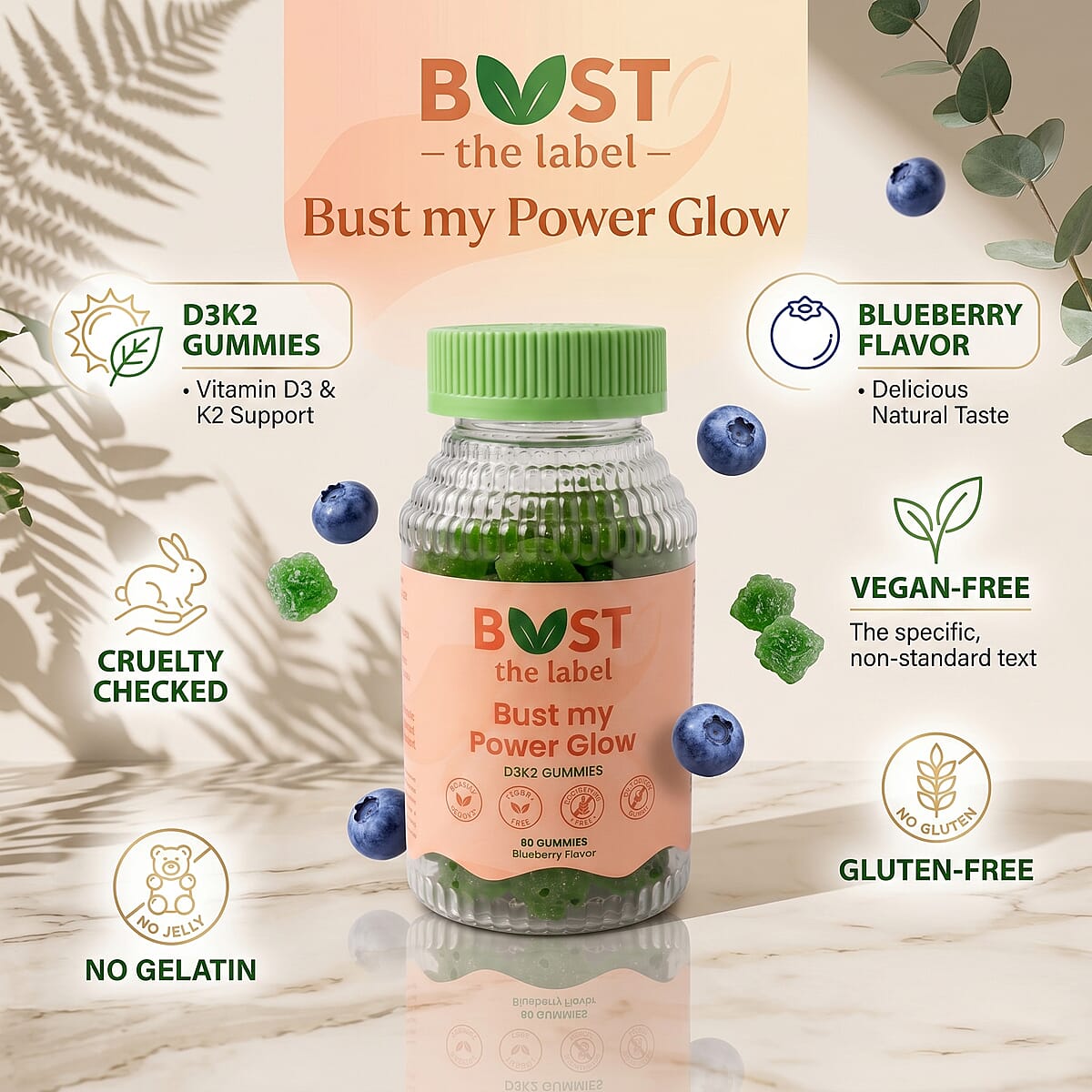 Bust My Power Glow D3K2 Dietary Supplement (60 Gummies) Made in US image number 6