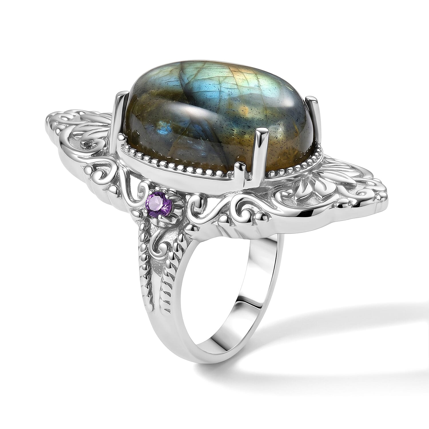 EverTrue Malagasy Labradorite and African Amethyst 18.50 ctw Solitaire Ring in Stainless Steel (Size 10.0)