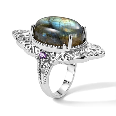 EverTrue Malagasy Labradorite and African Amethyst 18.50 ctw Solitaire Ring in Stainless Steel (Size 10.0)