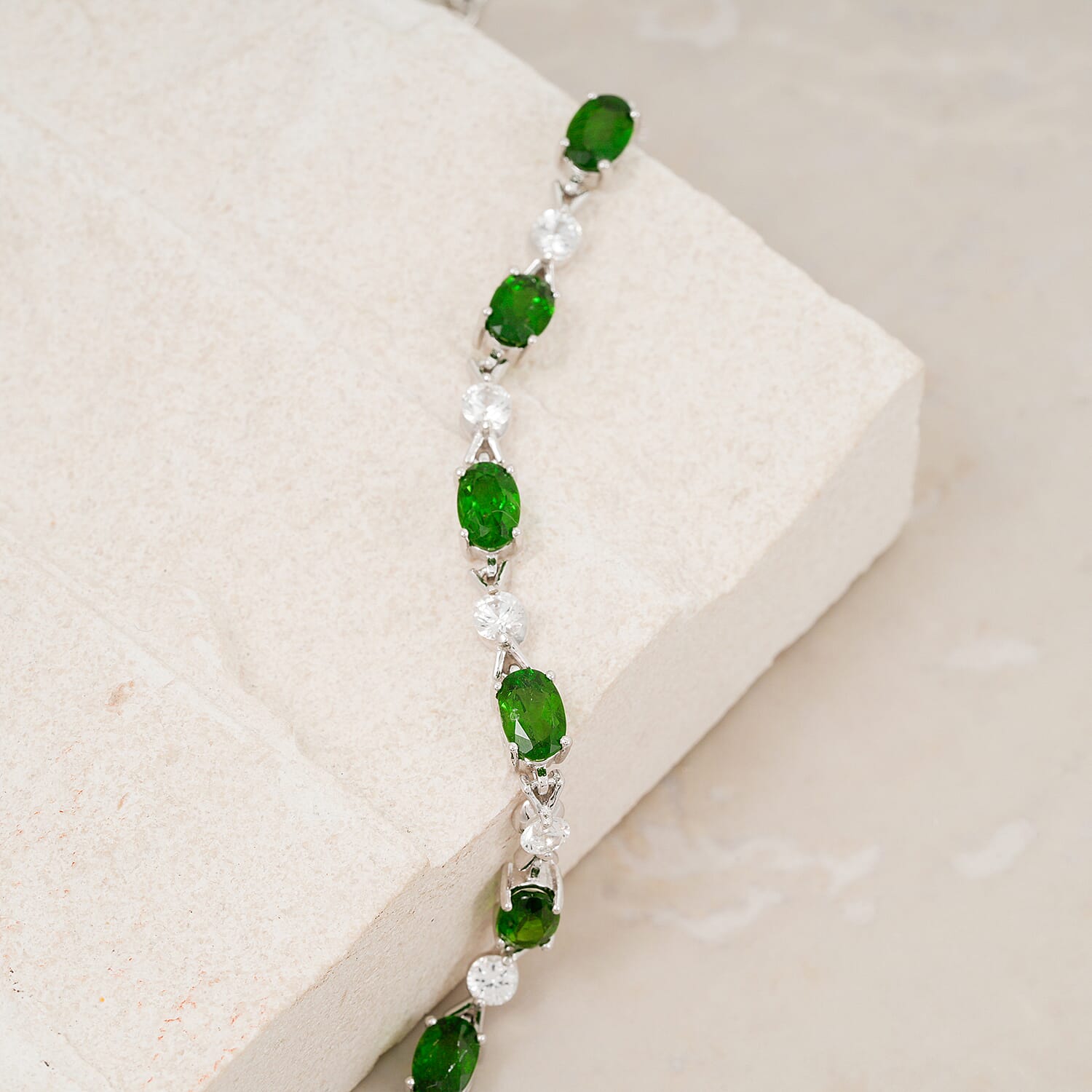 Natural Chrome Diopside and White Corundum 4.80 ctw Bracelet in Rhodium Over Sterling Silver (6.5-7.5In)