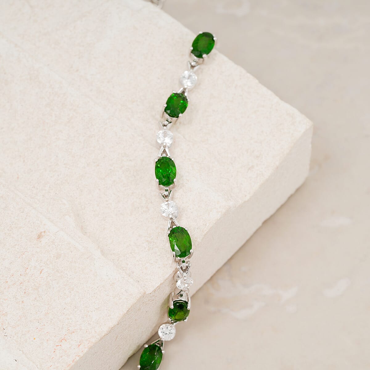 Natural Chrome Diopside and White Corundum 4.80 ctw Bracelet in Rhodium Over Sterling Silver (6.5-7.5In) image number 1