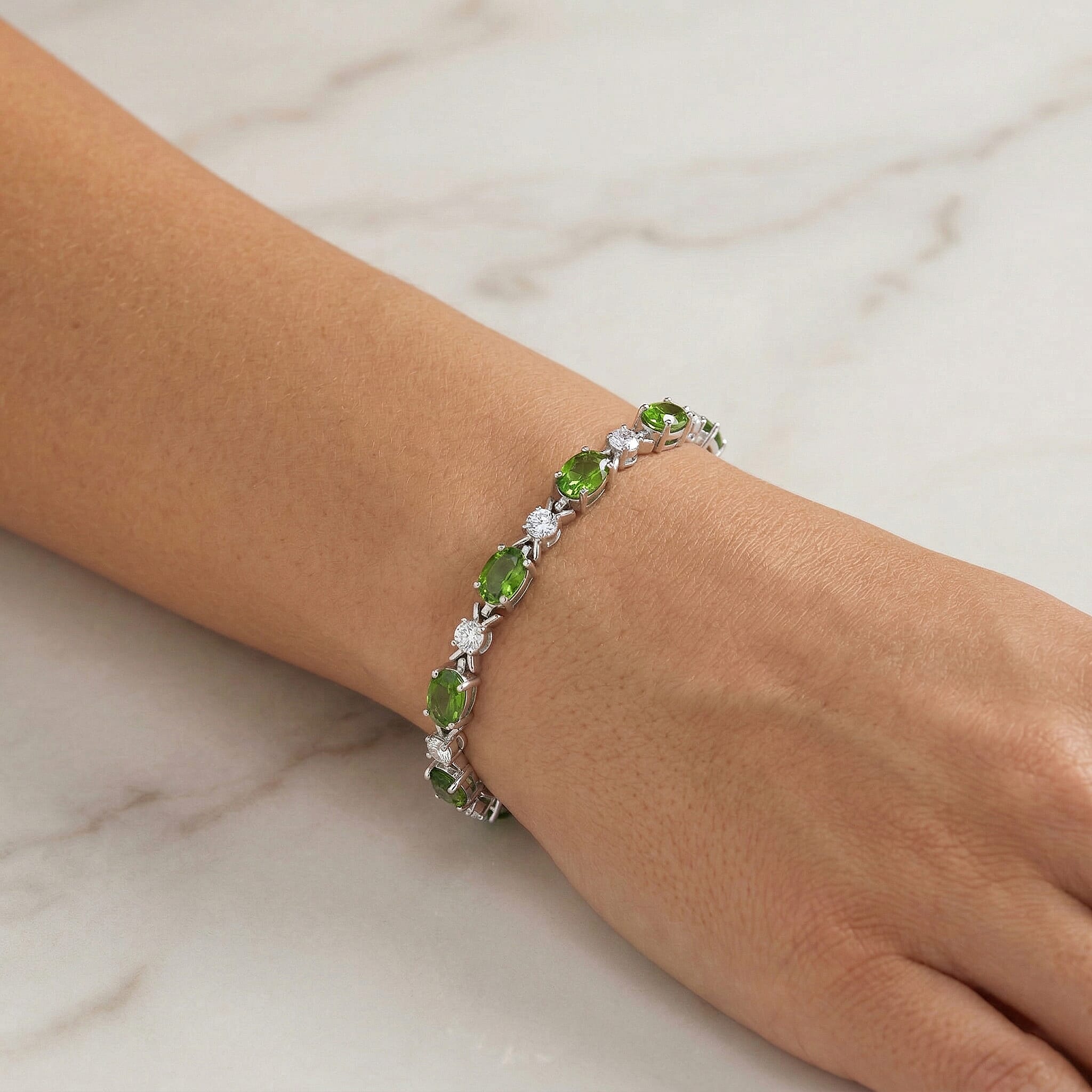 Natural Chrome Diopside and White Corundum 4.80 ctw Bracelet in Rhodium Over Sterling Silver (6.5-7.5In)