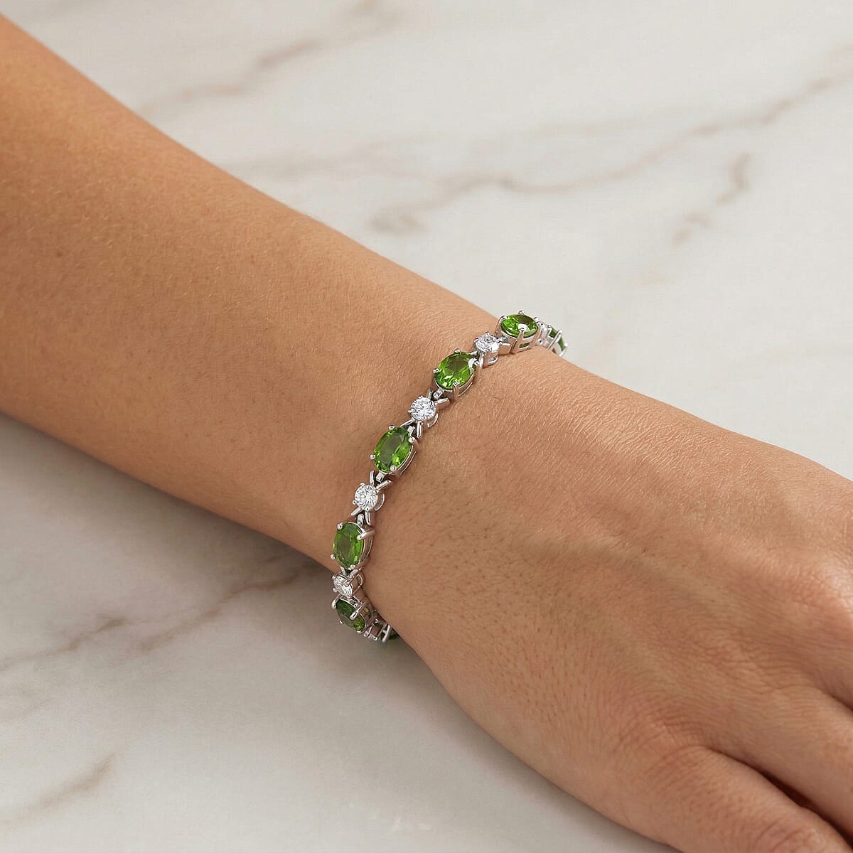 Natural Chrome Diopside and White Corundum 4.80 ctw Bracelet in Rhodium Over Sterling Silver (6.5-7.5In) image number 2