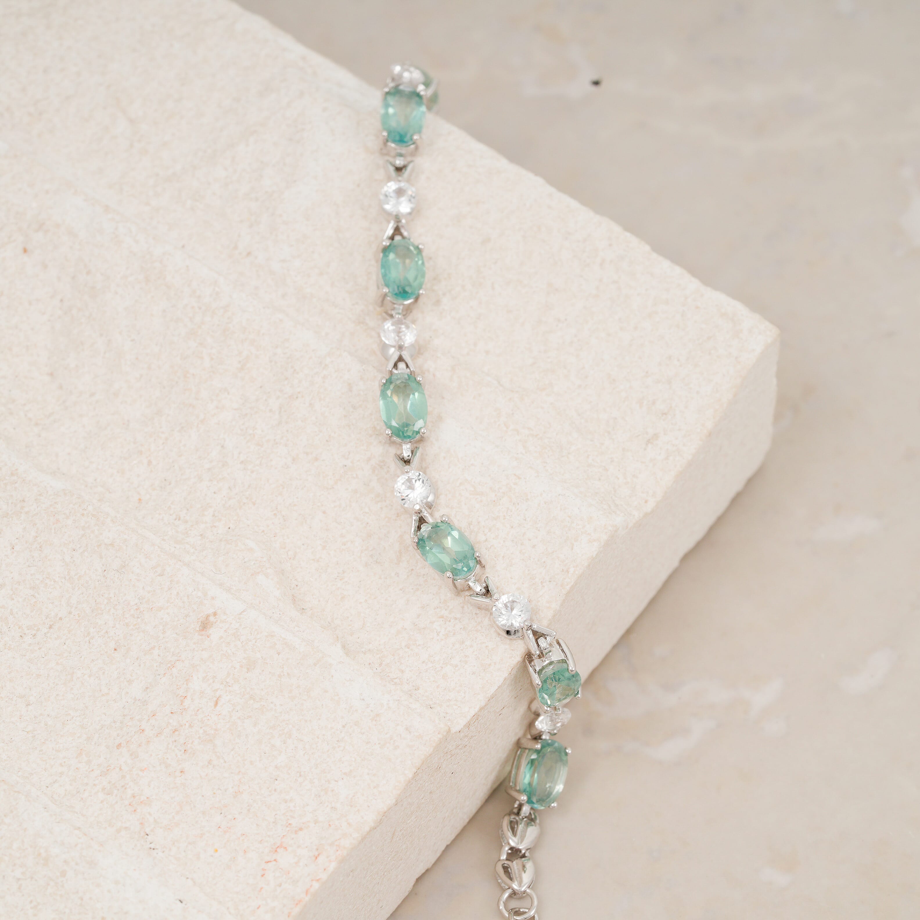 Green Quartz and White Corundum 4.40 ctw Bracelet in Rhodium Over Sterling Silver (6.5-7.5In)
