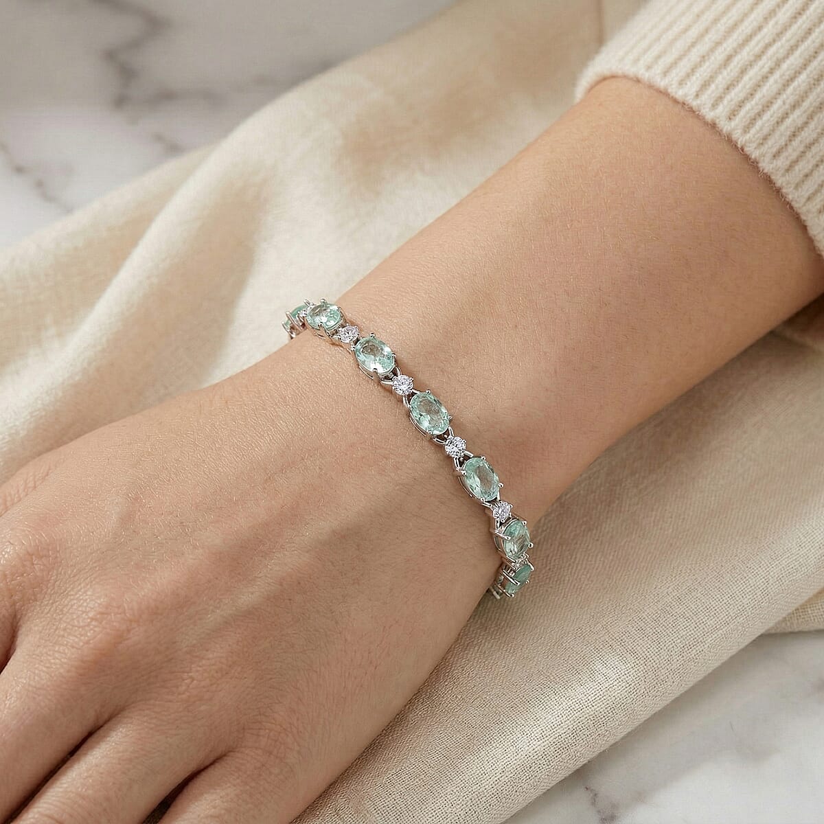 Green Quartz and White Corundum 4.40 ctw Bracelet in Rhodium Over Sterling Silver (6.5-7.5In) image number 2