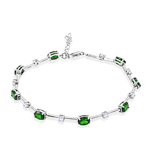 Natural Chrome Diopside and White Corundum 4.00 ctw Bracelet in Rhodium Over Sterling Silver (7-8In)