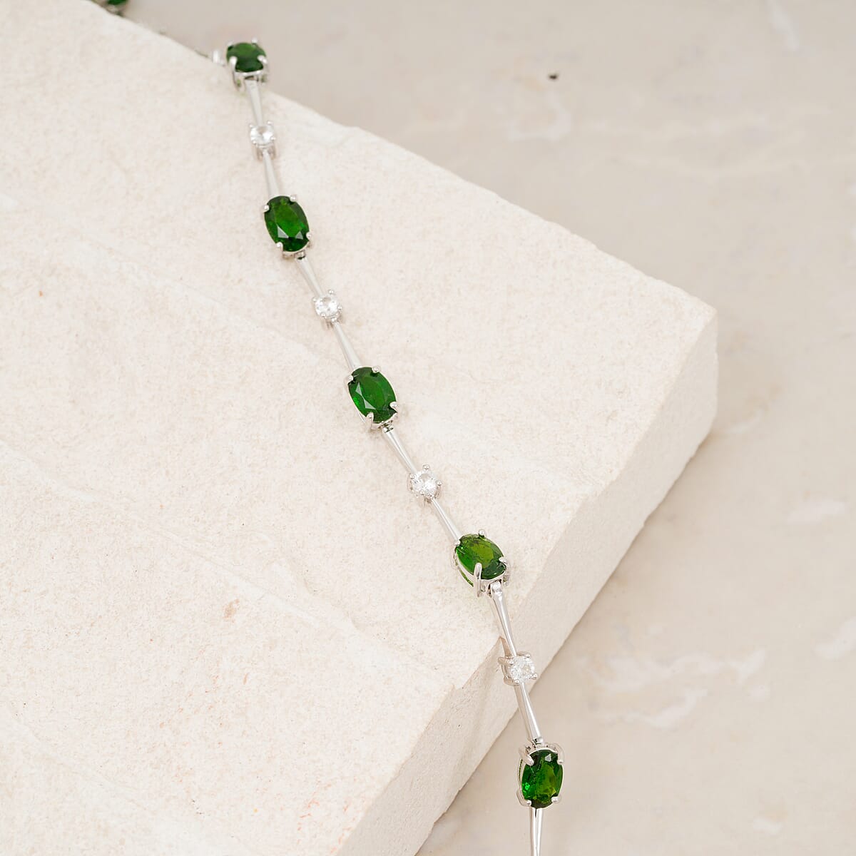 Natural Chrome Diopside and White Corundum 4.00 ctw Bracelet in Rhodium Over Sterling Silver (7-8In) image number 1