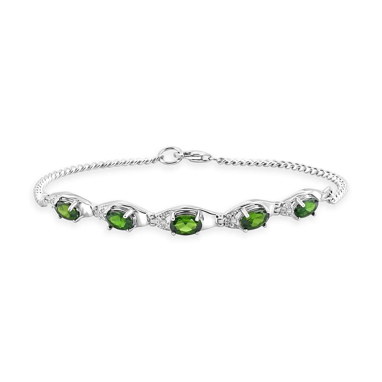 Natural Chrome Diopside and White Corundum 3.00 ctw Bracelet in Rhodium Over Sterling Silver (7.00 In)