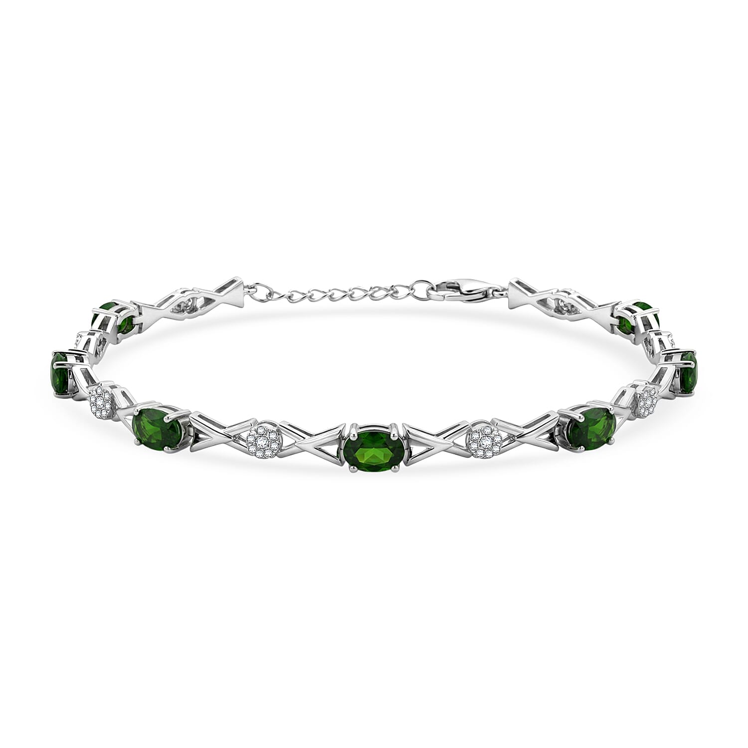 Natural Chrome Diopside and White Corundum 4.80 ctw Bracelet in Rhodium Over Sterling Silver (7-8In)