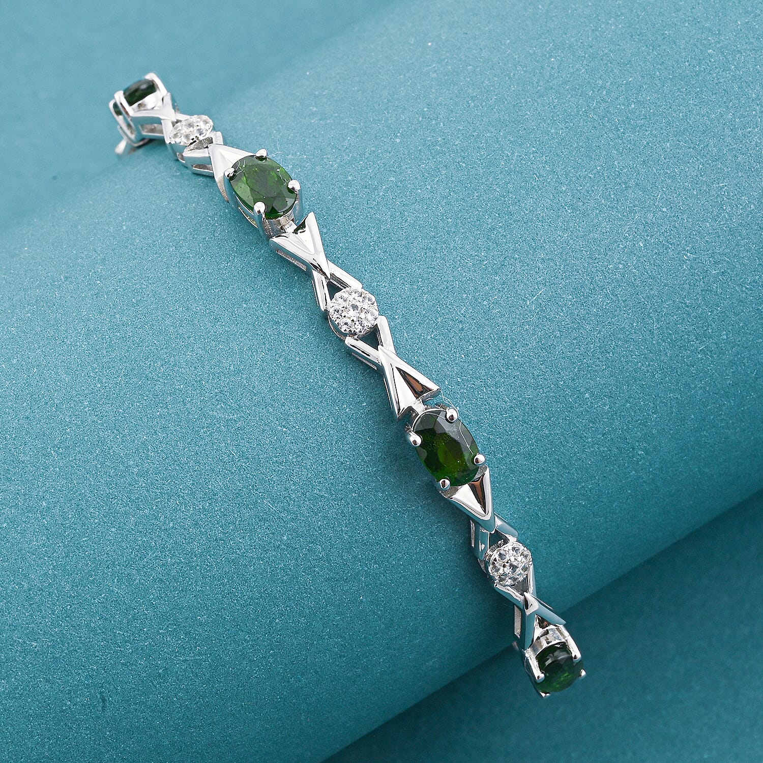 Natural Chrome Diopside and White Corundum 4.80 ctw Bracelet in Rhodium Over Sterling Silver (7-8In)