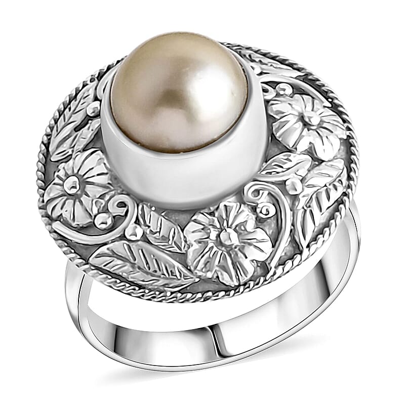 D'Joy Bali Legacy South Sea Golden Pearl 9-11mm Nature Ring in Sterling Silver (Size 5.0)
