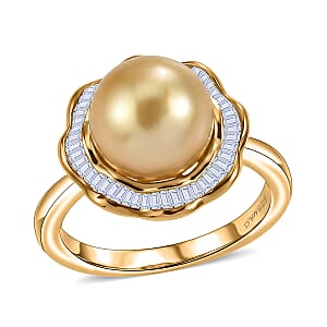 D'Joy Premium South Sea Golden Pearl and Diamond 0.25 ctw Sunflower Halo Ring in 18K Vermeil Yellow Gold Over Sterling Silver (Size 10.0)