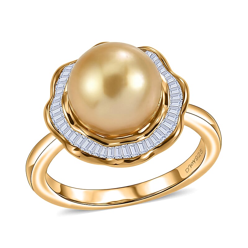 D'Joy Premium South Sea Golden Pearl and Diamond 0.25 ctw Sunflower Halo Ring in 18K Vermeil Yellow Gold Over Sterling Silver (Size 10.0)
