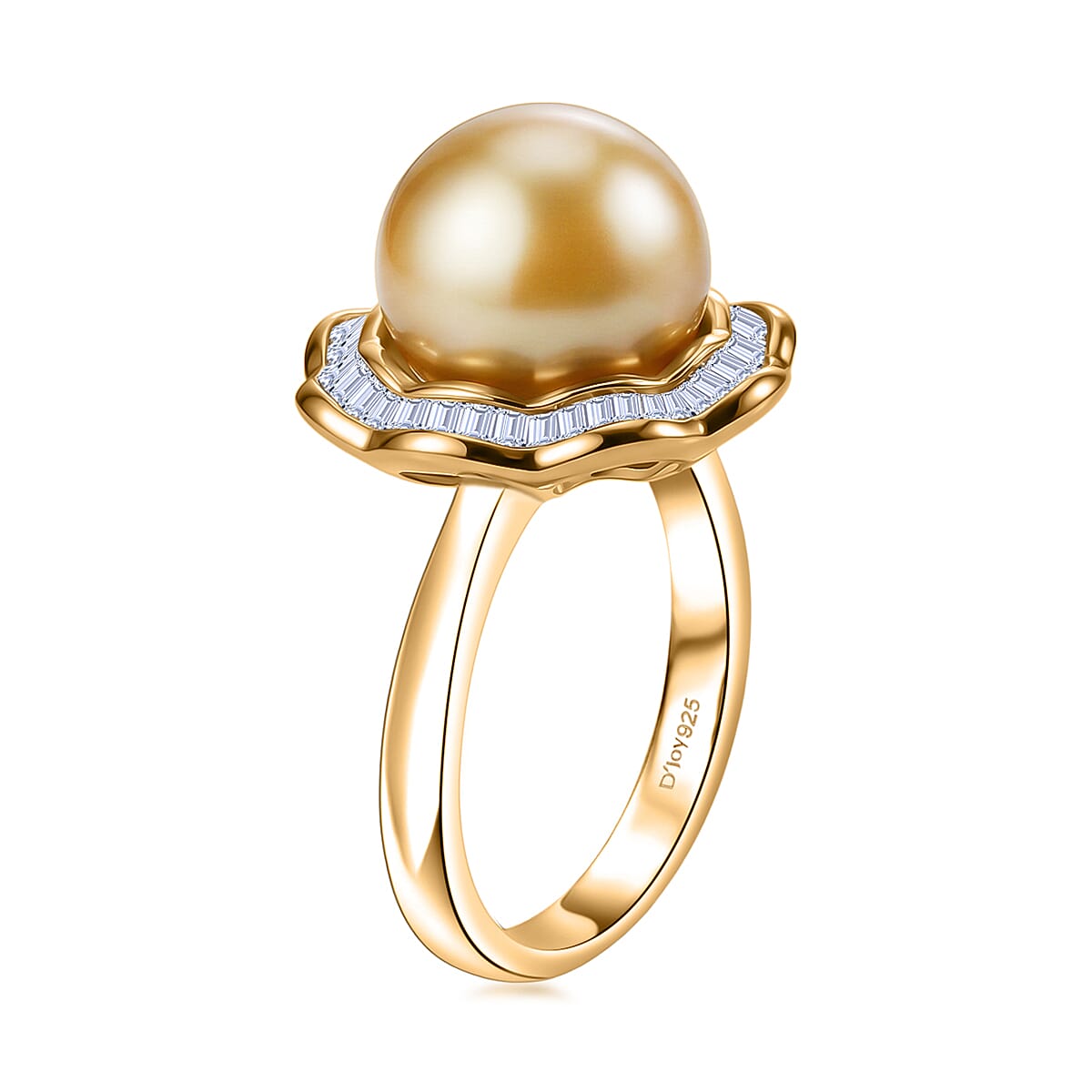 D'Joy Premium South Sea Golden Pearl and Diamond 0.25 ctw Sunflower Halo Ring in 18K Vermeil Yellow Gold Over Sterling Silver (Size 10.0)
