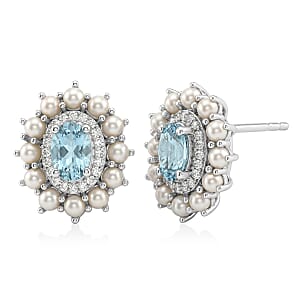 D'Joy Premium Cambodian Blue Zircon and Multi Gemstone 1.60 ctw Pearl Treasure Earrings in Rhodium Over Sterling Silver