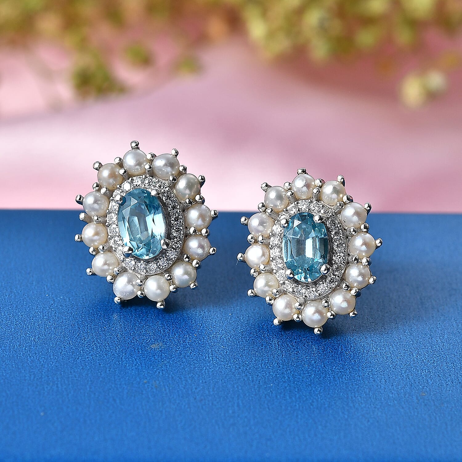 D'Joy Premium Cambodian Blue Zircon and Multi Gemstone 1.60 ctw Pearl Treasure Earrings in Rhodium Over Sterling Silver