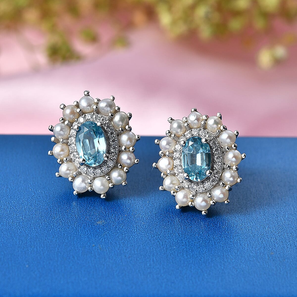 D'Joy Premium Cambodian Blue Zircon and Multi Gemstone 1.60 ctw Pearl Treasure Earrings in Rhodium Over Sterling Silver image number 1