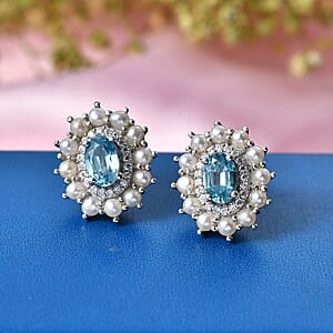 D'Joy Premium Cambodian Blue Zircon and Multi Gemstone 1.60 ctw Pearl Treasure Earrings in Rhodium Over Sterling Silver