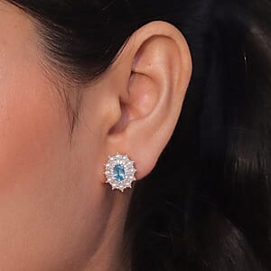 D'Joy Premium Cambodian Blue Zircon and Multi Gemstone 1.60 ctw Pearl Treasure Earrings in Rhodium Over Sterling Silver