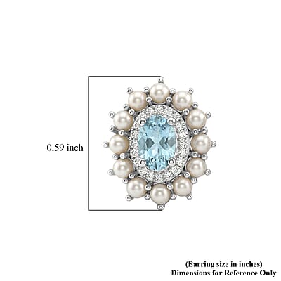 D'Joy Premium Cambodian Blue Zircon and Multi Gemstone 1.60 ctw Pearl Treasure Earrings in Rhodium Over Sterling Silver
