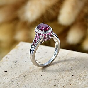 D'Joy Premium Ouro Fino Rubellite and Moissanite 2.15 ctw Beaded Mirror Frame Ring in Rhodium Over Sterling Silver (Size 10.0)