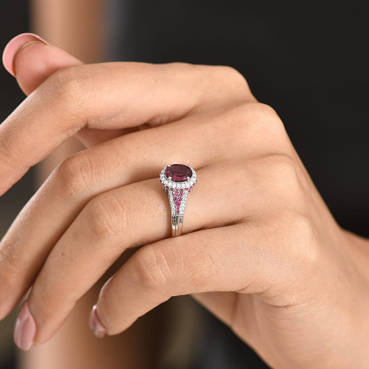 D'Joy Premium Ouro Fino Rubellite and Moissanite 2.15 ctw Beaded Mirror Frame Ring in Rhodium Over Sterling Silver (Size 10.0) image number 2