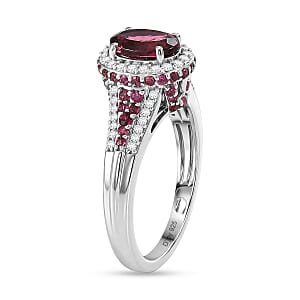 D'Joy Premium Ouro Fino Rubellite and Moissanite 2.15 ctw Beaded Mirror Frame Ring in Rhodium Over Sterling Silver (Size 10.0)