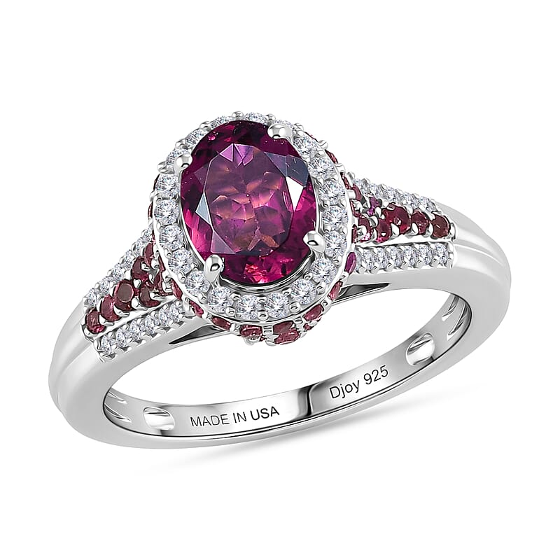 D'Joy Premium Ouro Fino Rubellite and Moissanite 2.15 ctw Beaded Mirror Frame Ring in Rhodium Over Sterling Silver (Size 6.0)