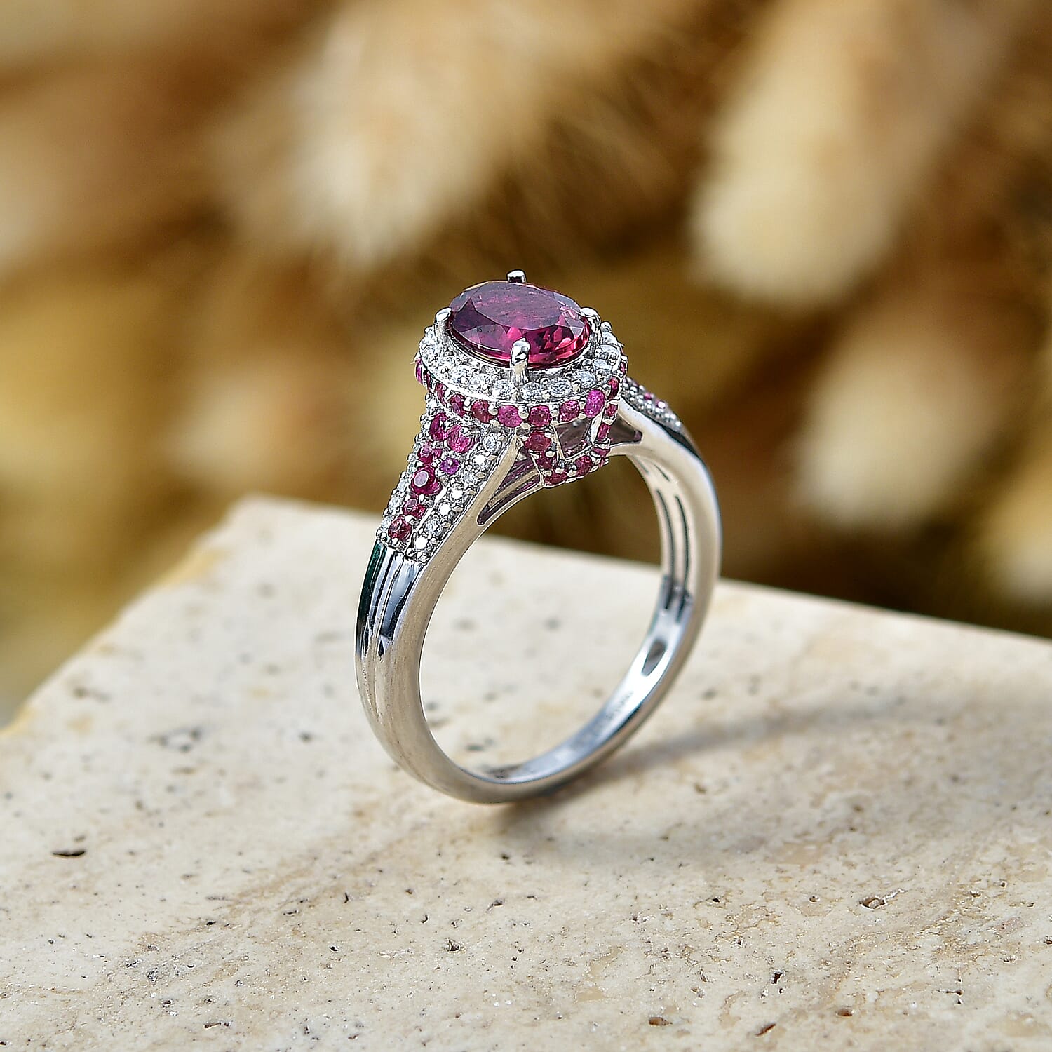 D'Joy Premium Ouro Fino Rubellite and Moissanite 2.15 ctw Beaded Mirror Frame Ring in Rhodium Over Sterling Silver (Size 6.0)