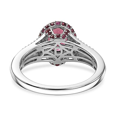 D'Joy Premium Ouro Fino Rubellite and Moissanite 2.15 ctw Beaded Mirror Frame Ring in Rhodium Over Sterling Silver (Size 6.0)