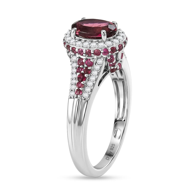 D'Joy Premium Ouro Fino Rubellite and Moissanite 2.15 ctw Beaded Mirror Frame Ring in Rhodium Over Sterling Silver (Size 7.0)
