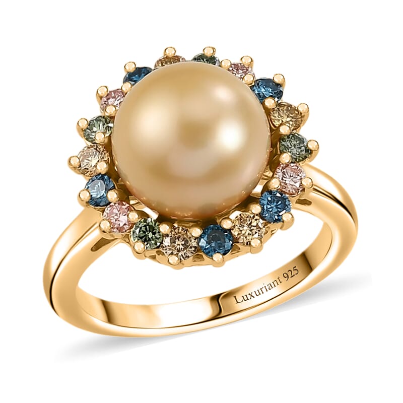 Premium South Sea Golden Pearl and Luxuriant Lab Grown Multi Diamond SI 0.60 ctw Rainbow Halo Ring in 18K Vermeil Yellow Gold Over Sterling Silver (Size 6.0)