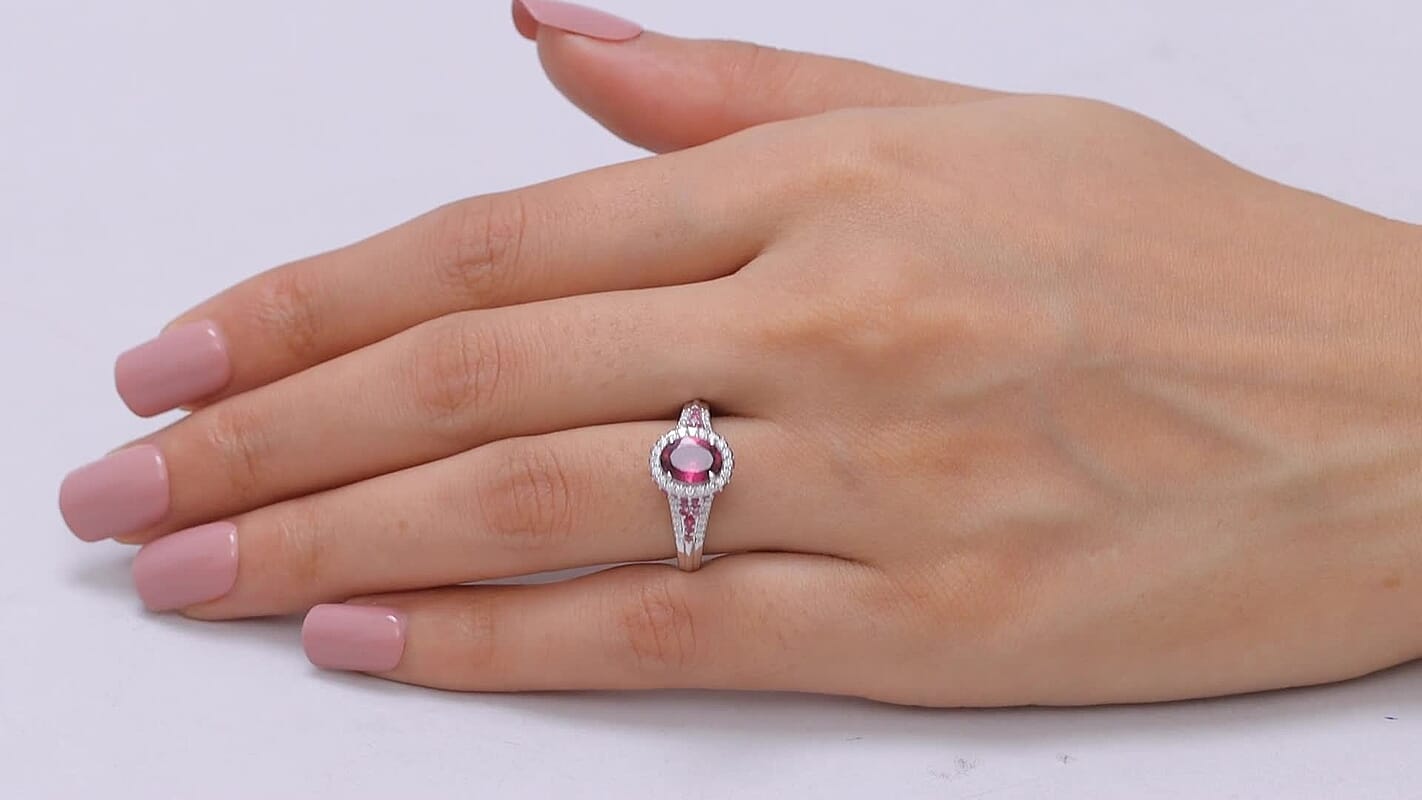 D'Joy Premium Ouro Fino Rubellite, Moissanite Half Eternity Band Ring in Rhodium Over Sterling Silver (Size 10.0) 2.15 ctw