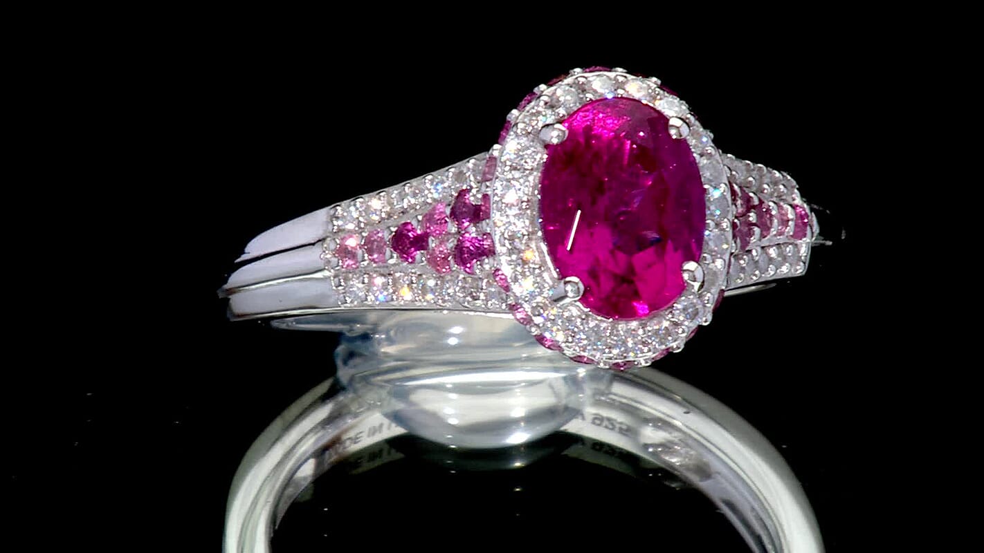 D'Joy Premium Ouro Fino Rubellite, Moissanite Half Eternity Band Ring in Rhodium Over Sterling Silver (Size 10.0) 2.15 ctw