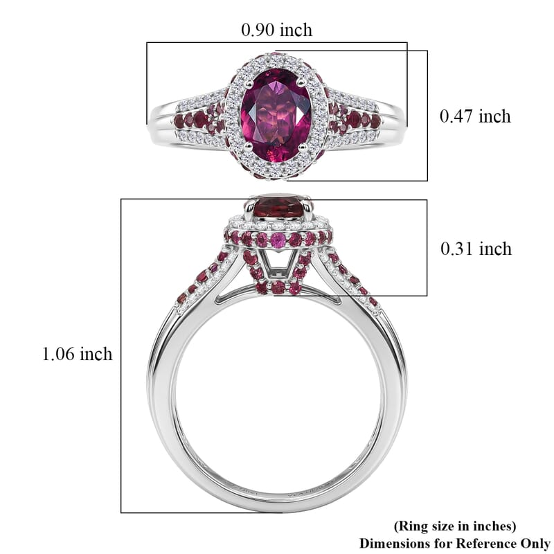 D'Joy Premium Ouro Fino Rubellite and Moissanite 2.15 ctw Beaded Mirror Frame Ring in Rhodium Over Sterling Silver (Size 8.0)