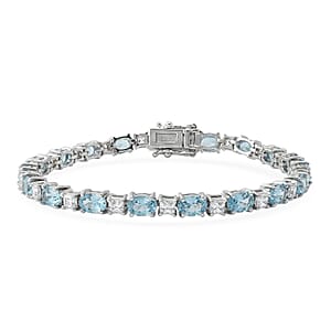 D'Joy Premium Cambodian Blue Zircon, Asscher Cut Moissanite Midnight Ocean Sparkle Bracelet in Rhodium Over Sterling Silver (6.50 In) 14.10 ctw