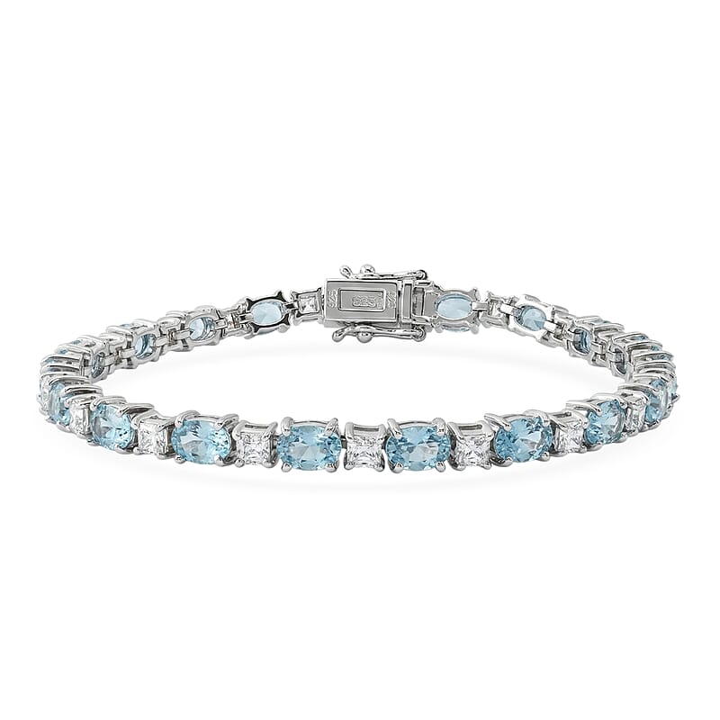 D'Joy Premium Cambodian Blue Zircon and Asscher Cut Moissanite 14.10 ctw Midnight Ocean Sparkle Bracelet in Rhodium Over Sterling Silver (6.50 In)