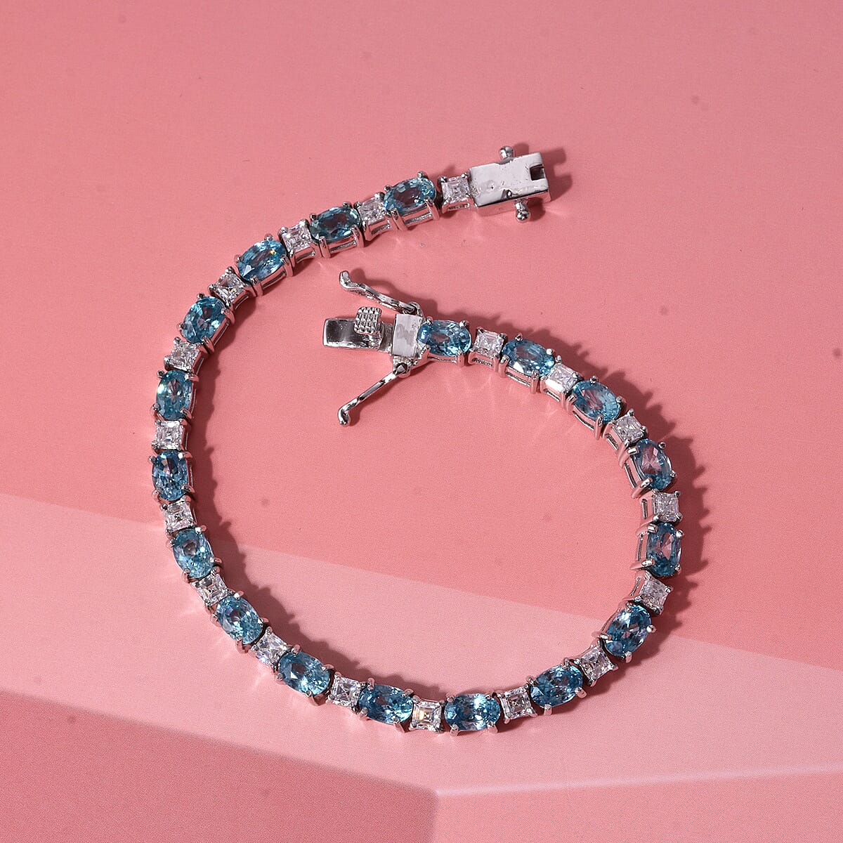 D'Joy Premium Cambodian Blue Zircon and Asscher Cut Moissanite 14.10 ctw Midnight Ocean Sparkle Bracelet in Rhodium Over Sterling Silver (6.50 In) image number 1