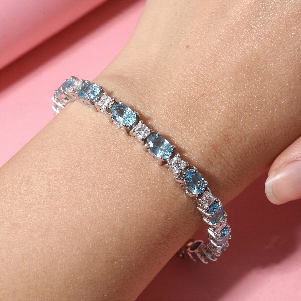 D'Joy Premium Cambodian Blue Zircon and Asscher Cut Moissanite 14.10 ctw Midnight Ocean Sparkle Bracelet in Rhodium Over Sterling Silver (6.50 In) image number 2