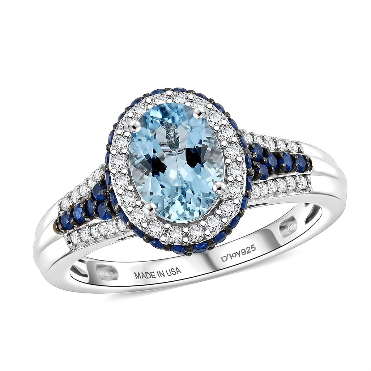 D'Joy Premium Santa Maria Aquamarine and Multi Gemstone 2.00 ctw Beaded Mirror Frame Ring in Rhodium Over Sterling Silver (Size 8.0)