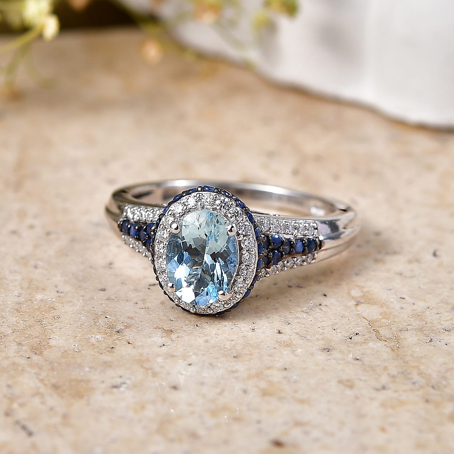 D'Joy Premium Santa Maria Aquamarine and Multi Gemstone 2.00 ctw Beaded Mirror Frame Ring in Rhodium Over Sterling Silver (Size 8.0)
