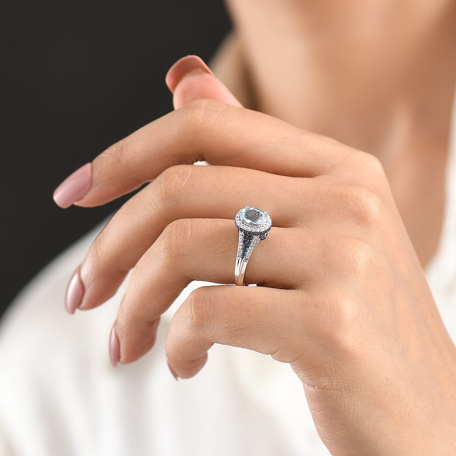 D'Joy Premium Santa Maria Aquamarine and Multi Gemstone 2.00 ctw Beaded Mirror Frame Ring in Rhodium Over Sterling Silver (Size 8.0)