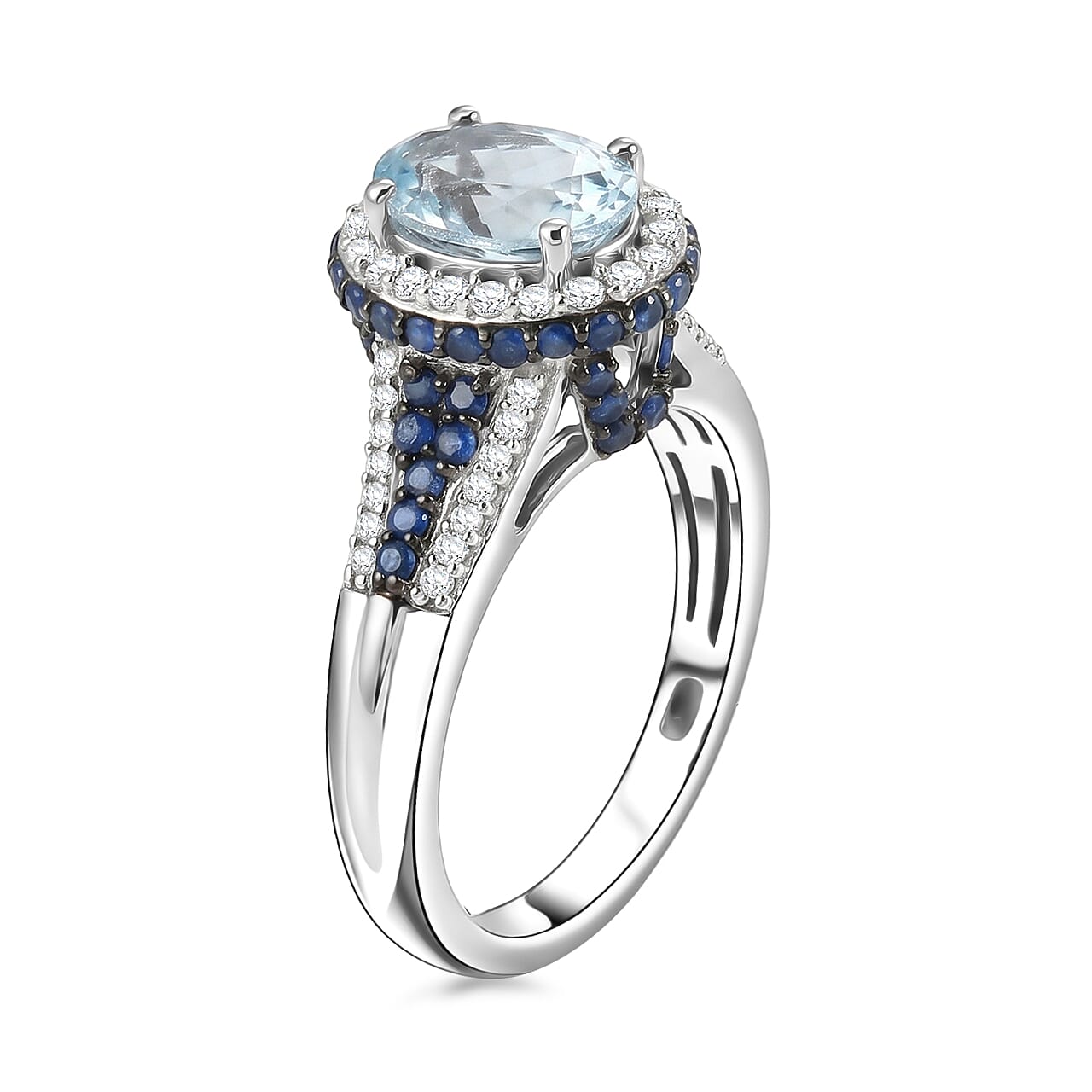 D'Joy Premium Santa Maria Aquamarine and Multi Gemstone 2.00 ctw Beaded Mirror Frame Ring in Rhodium Over Sterling Silver (Size 8.0)