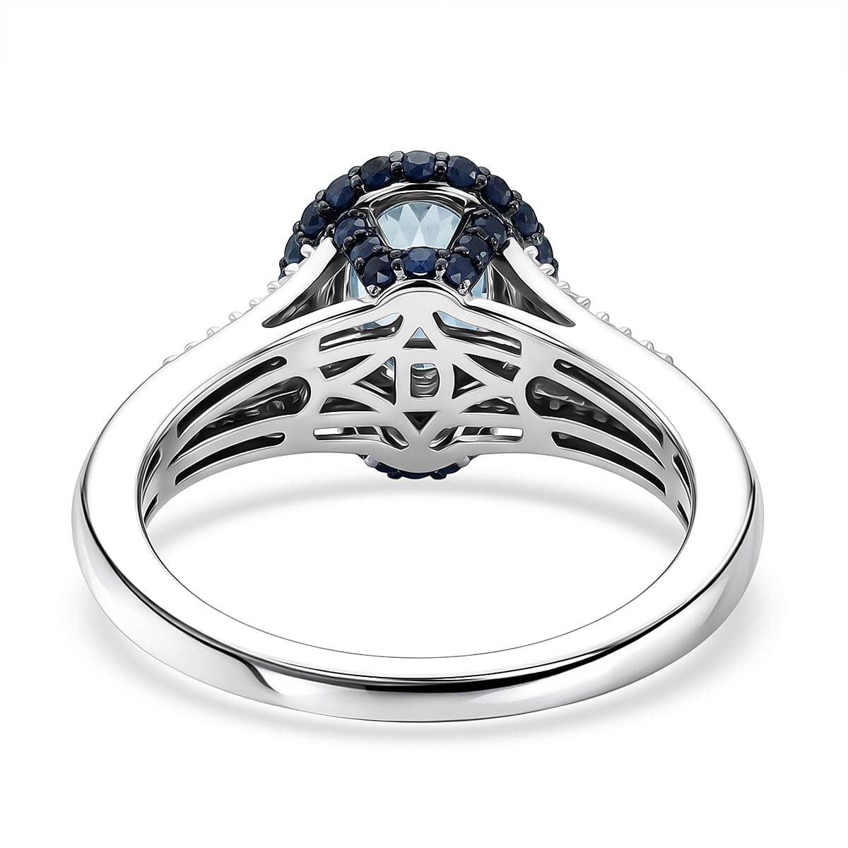 D'Joy Premium Santa Maria Aquamarine and Multi Gemstone 2.00 ctw Beaded Mirror Frame Ring in Rhodium Over Sterling Silver (Size 8.0)