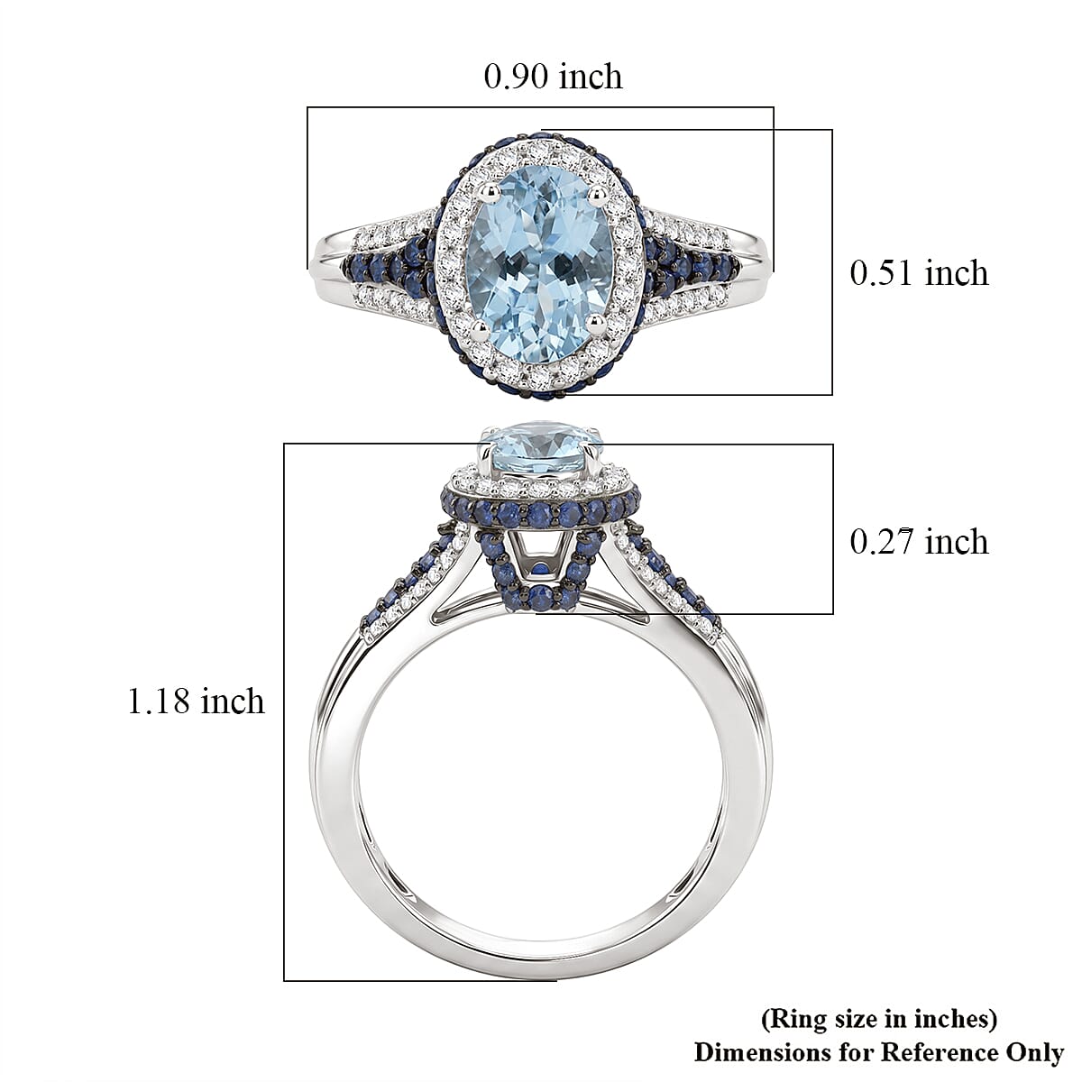 D'Joy Premium Santa Maria Aquamarine and Multi Gemstone 2.00 ctw Beaded Mirror Frame Ring in Rhodium Over Sterling Silver (Size 8.0)