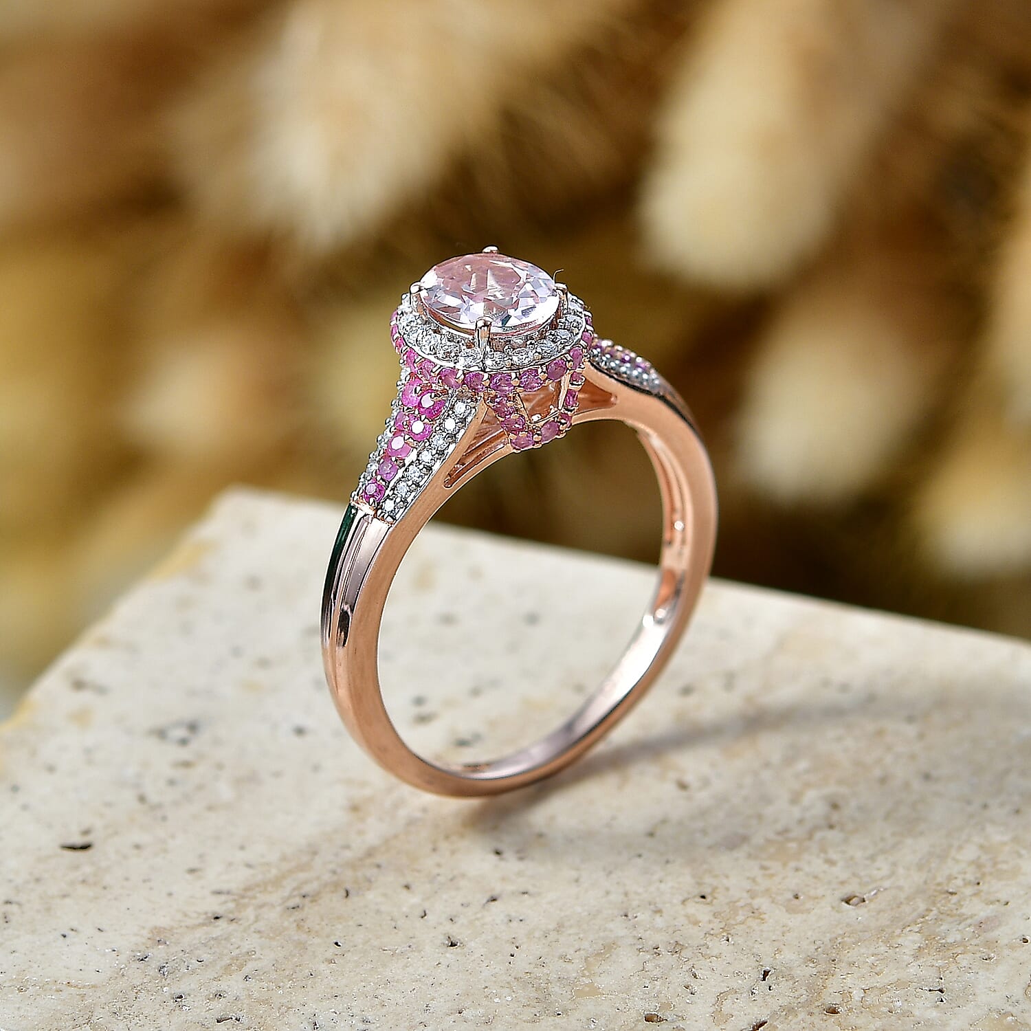 D'Joy Premium Pink Morganite and Multi Gemstone 1.90 ctw Beaded Mirror Frame Ring in 18K Vermeil Rose Gold Over Sterling Silver (Size 10.0)