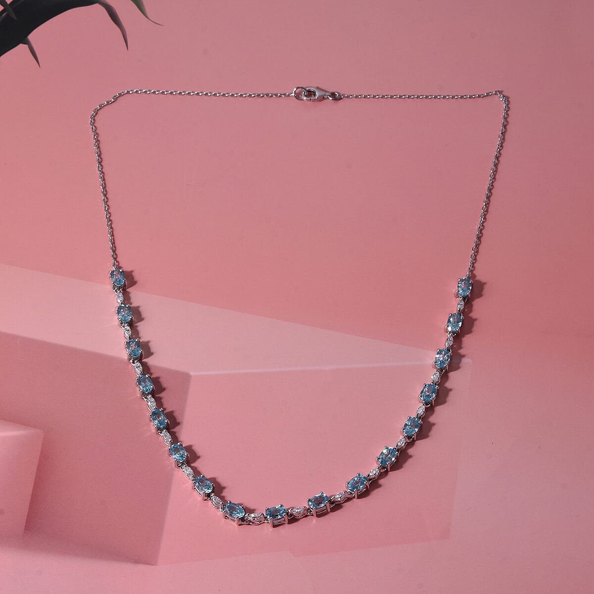 D'Joy Premium Cambodian Blue Zircon and Moissanite 13.50 ctw Midnight Ocean Sparkle Necklace in Rhodium Over Sterling Silver (18 Inches) image number 1