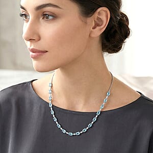 D'Joy Premium Cambodian Blue Zircon and Moissanite 13.50 ctw Midnight Ocean Sparkle Necklace in Rhodium Over Sterling Silver (18 Inches)