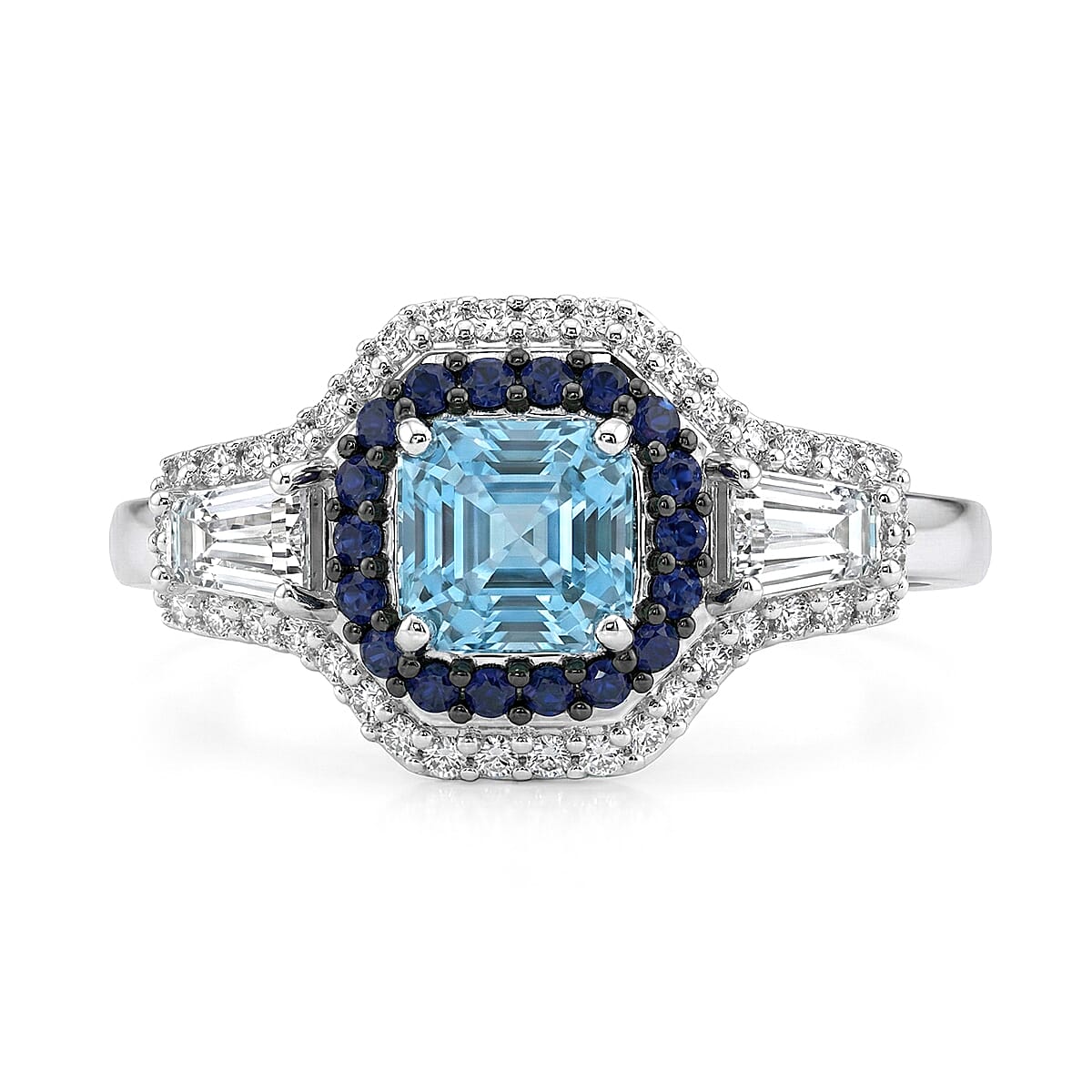 D'Joy Premium Asscher Cut Cambodian Blue Zircon and Multi Gemstone 2.25 ctw Midnight Ocean Crown Ring in Rhodium Over Sterling Silver (Size 10.0)
