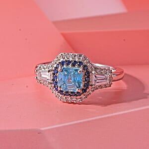 D'Joy Premium Asscher Cut Cambodian Blue Zircon, Multi Gemstone Ring in Rhodium Over Sterling Silver (Size 10.0) 2.25 ctw